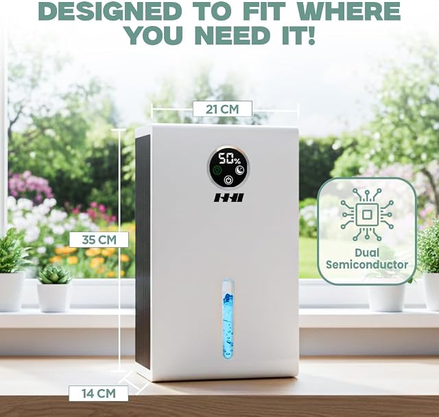 HHI Déshumidificateur pour Maison, Capacité 65 Oz, Zone de Couverture 350 pi², Fonction Arrêt Automatique, Déshumidificateur Ultra Silencieux pour Salle de Bain, Placard et Petite Chambre, 7 Lumières LED Colorées, 2L (Blanc)