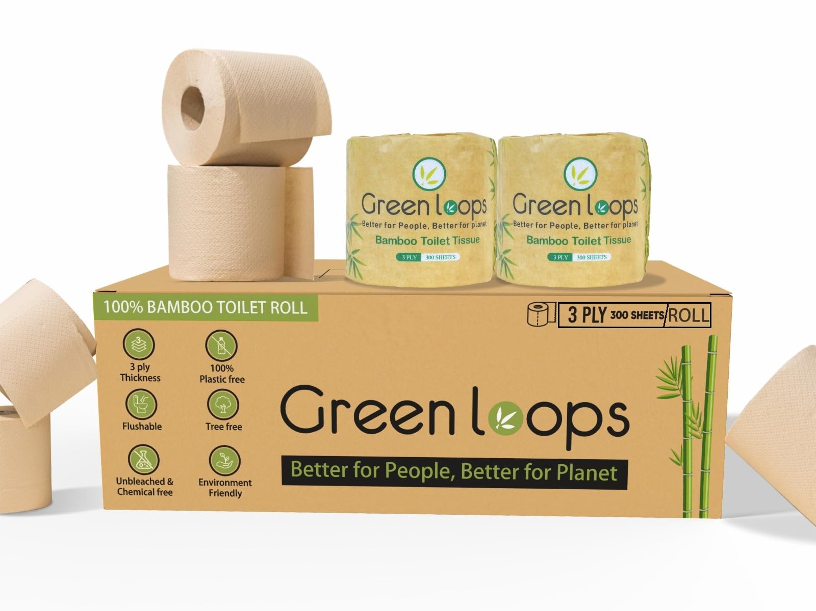 Green Loops Bamboo 3 Ply Toilet Paper Roll | 900 Pulls (300 x 3 Rolls) | Soft & Highly Absorbent | Eco-Friendly, Unbleached, 100% Natural Virgin Bamboo Fiber|Chemical-Free, Hypoallergenic, Box Pack