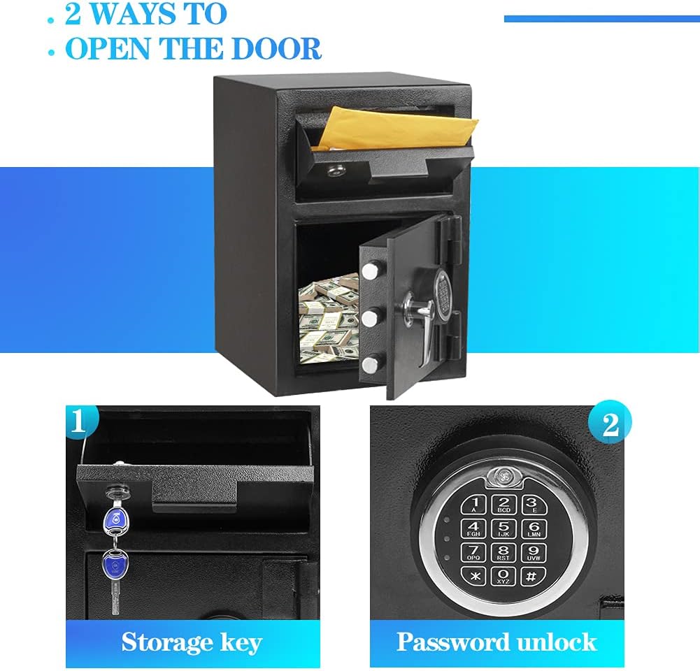 Close-up of the Greenvelly Depository Safe showing the storage key slot for the top compartment and the electronic keypad for the main compartment.