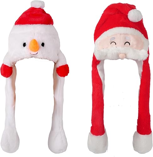 FANNUOYI 2 sombreros de peluche de Navidad, sombrero de salto en movimiento, sombrero de Papá Noel y muñeco de nieve, sombrero de salto divertido de