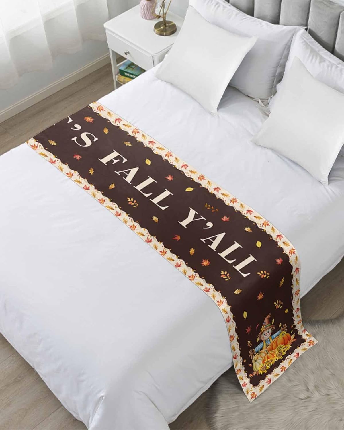 Thanksgiving Bed Runner Scarf Thanksgiving Scarecrow Pumpkin Sunflower Black Bedding Scarf Decorative Bed Runners Cover for Home Bedroom Hotel Wedding Room Bed Scarf for Foot of Bed King 102x20in