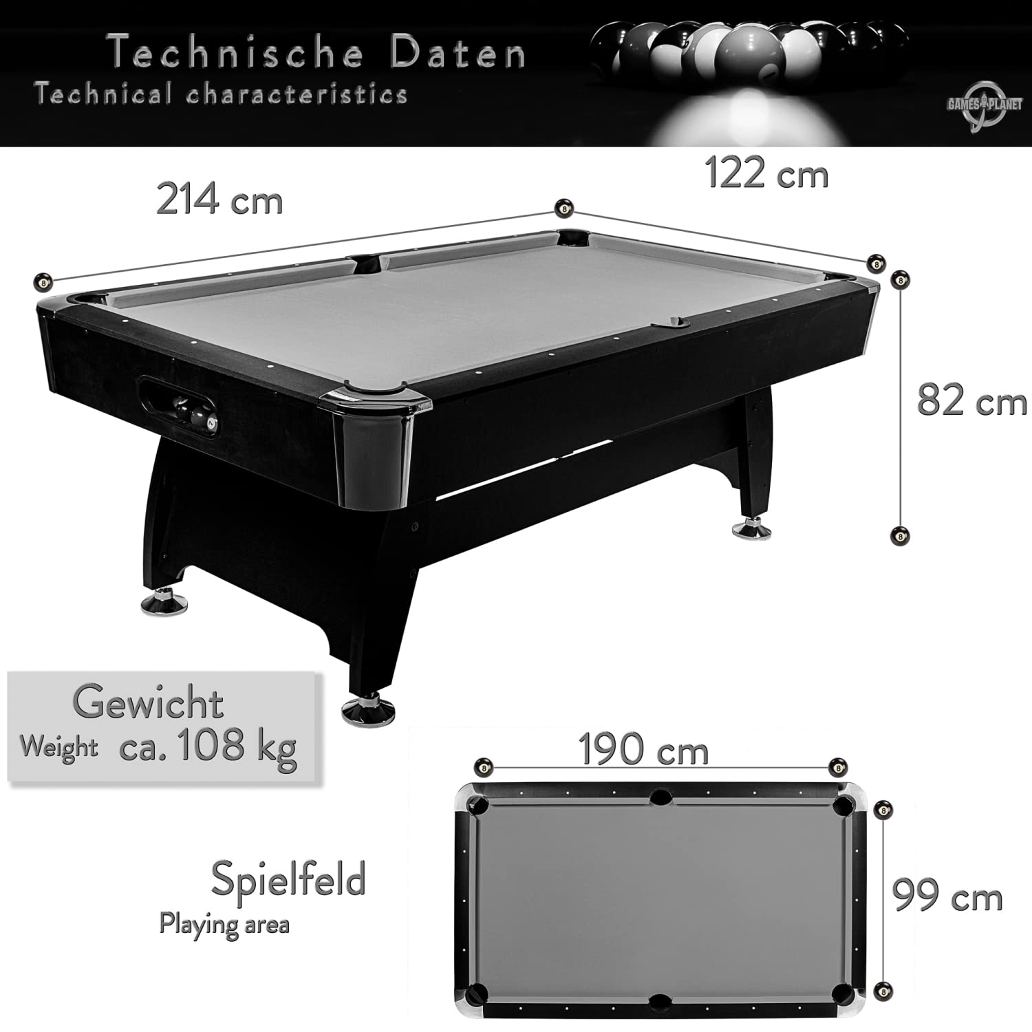 GAMES PLANET 7 ft Billardtisch Premium“ + Zubehör, 9 Farbvarianten, 214x122x82 cm (LxBxH)