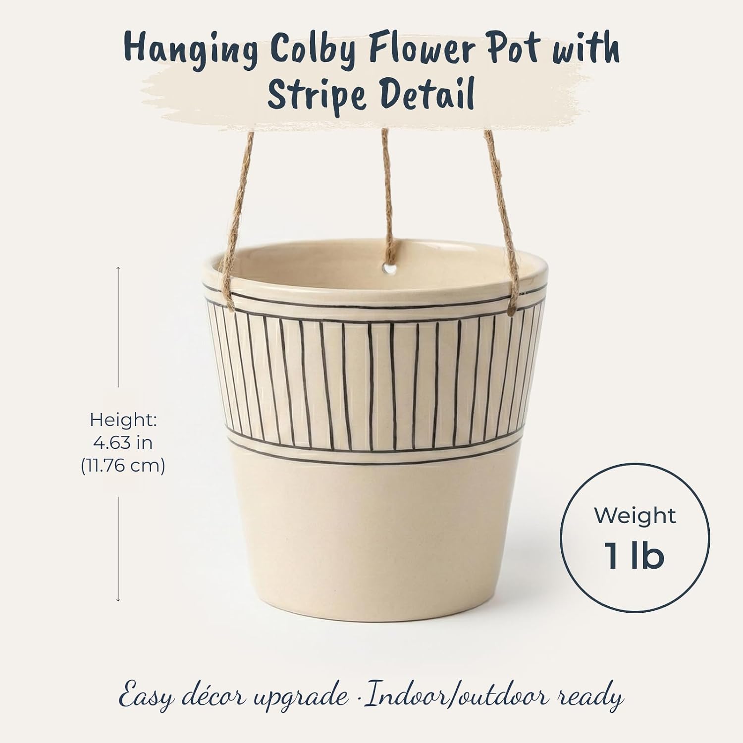 Blue Sky Clayworks Hanging Colby Stripe 6.5'' Flower Pot, Hand-Drawn Lines with Studio Calm