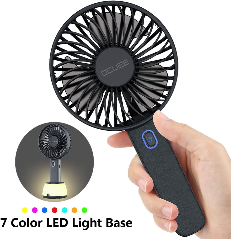 OCUBE Handheld Fan, Mini Hand Held Fan with 7 Color LED Light Base, 2000mAh Battery Operated USB Rechargeable Desk Fan, 3 Speeds Electric Portable Personal Cooling Fan for Home Office Travel (Black)