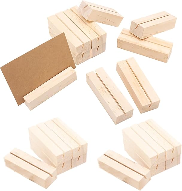 Eidoct 20 Pack Wood Place Card Holders for Wedding Acrylic Sign Wood Table Number Stands Picture Holder Wood Wooden Menu Holder for Wedding Dinner Home Party Events Decoration (A Style *20)