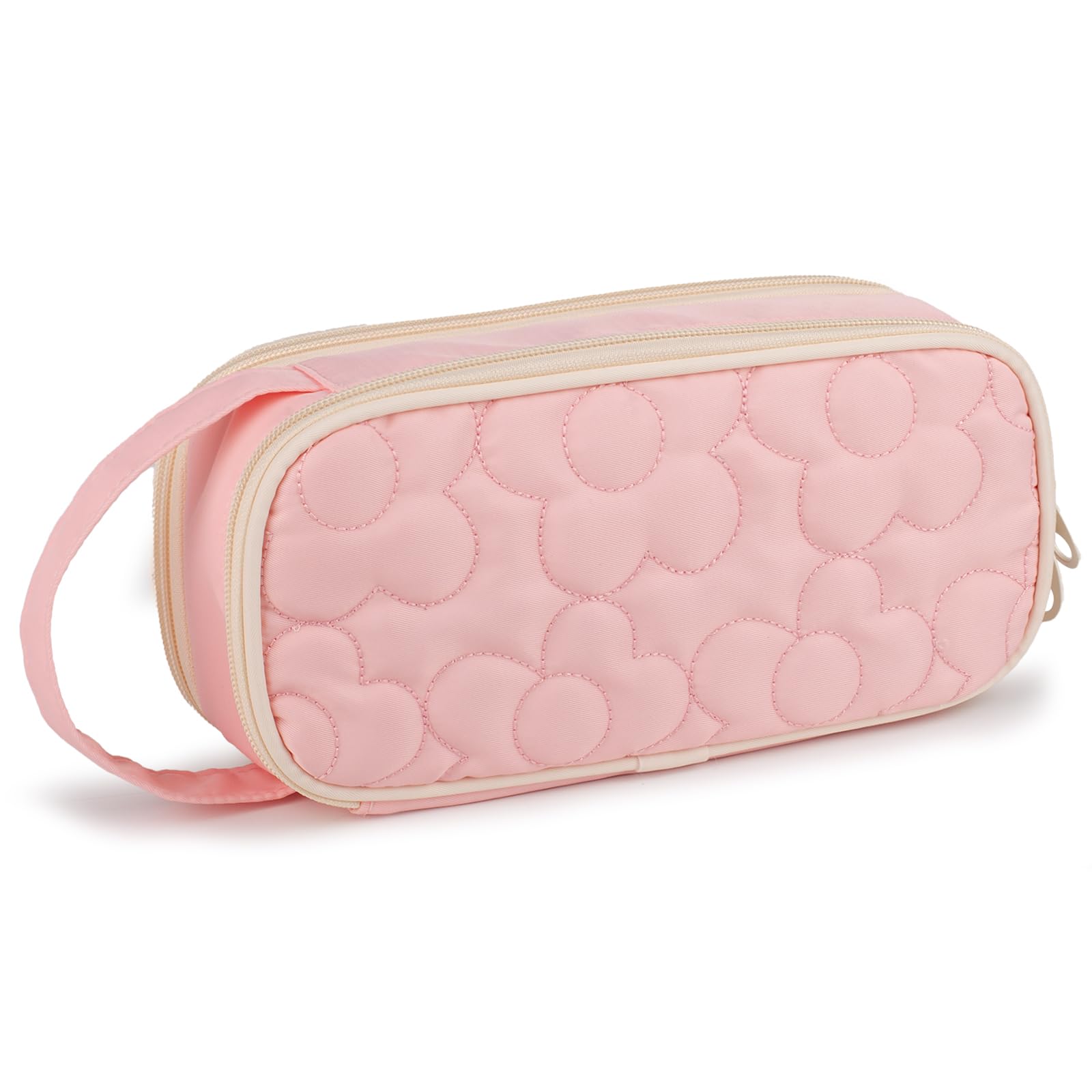 Bunnychic Pencil Case for Girls,Flower Quilted Large Capacity Pencil Pouch with 2 Compartment, Zipper Pencil Bag with Handle