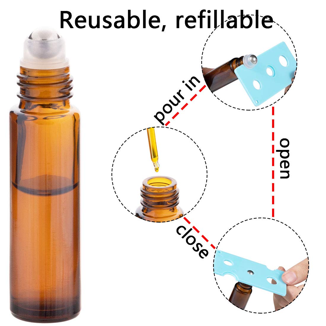 12 butelek na olejki eteryczne o pojemności 10 ml, z kulkami ze stali nierdzewnej, 10 ml bursztynowe szklane butelki na olejki eteryczne, 1 dodatkowa kulka rolkowa, 12 etykiet, 1 otwieracz, 2