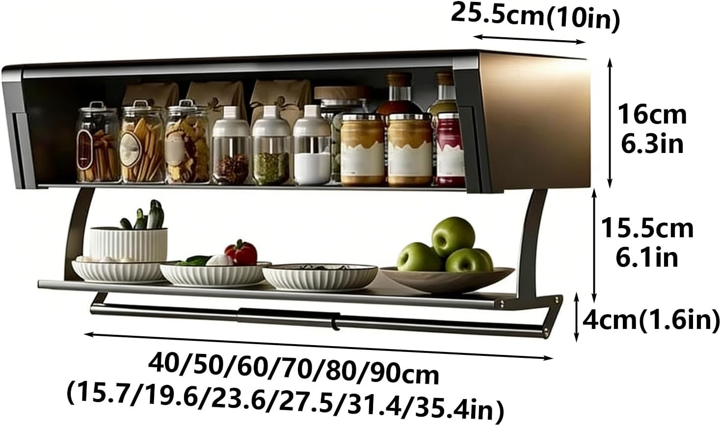Pull-Out Cabinet Organizer 2-Tier Wall Pull Down Shelf Lifting and Foldings Cabinet Available In 15.7-35.4in Freely Adjustable Suitable for Kitchens and Bathrooms 90cm/35.4in