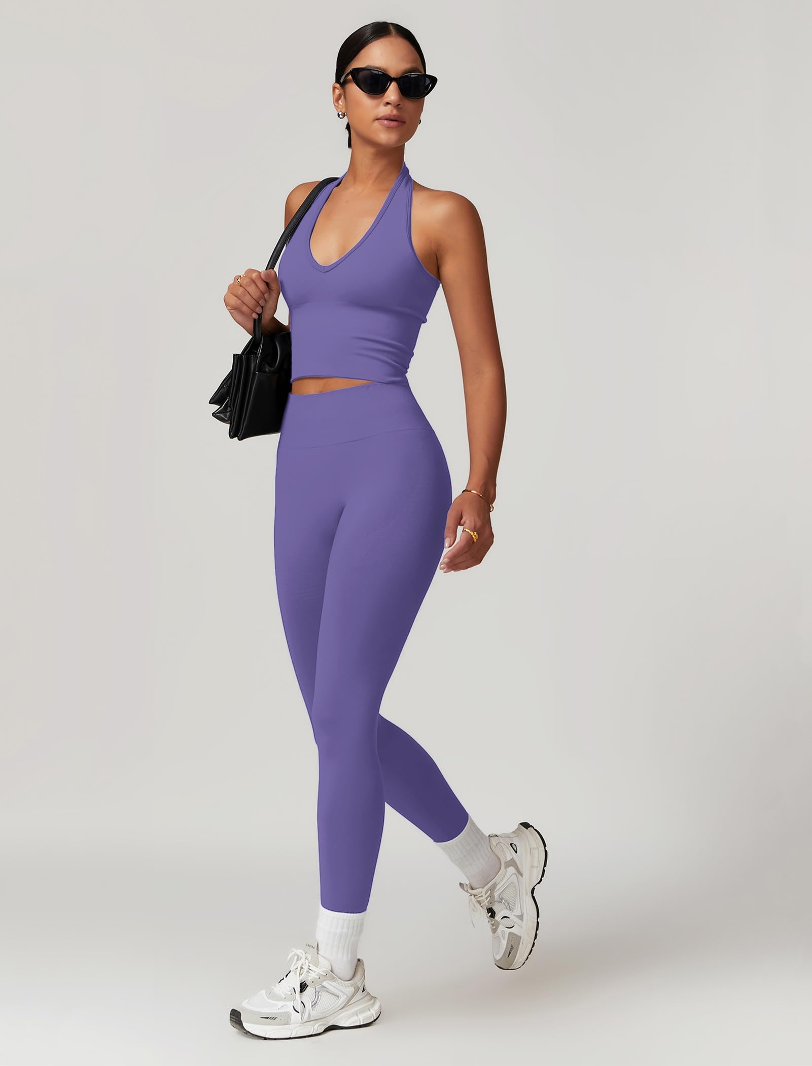 IDOPIP Set sportivo da donna con allacciatura al collo, due pezzi: set da palestra, con vita alta, leggings modellanti con effetto scrunch, tuta sportiva per fitness, yoga, pilates, allenamento