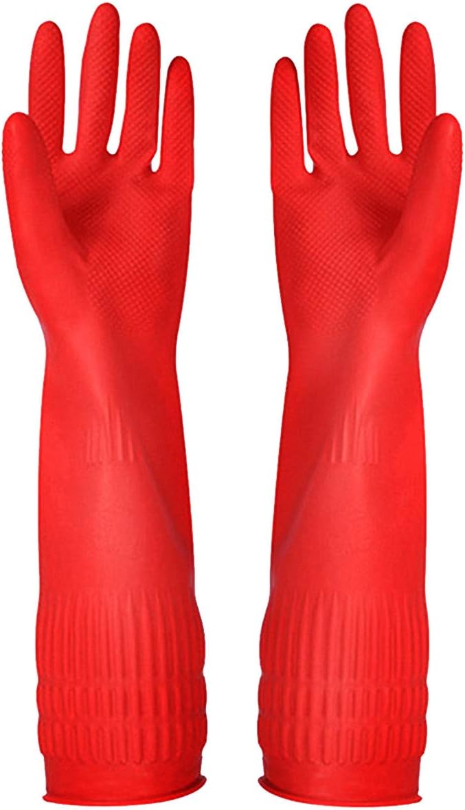 Rubber Cleaning Gloves Kitchen Dishwashing Glove 3-Pairs,Waterproof Reuseable. (Red, Large)