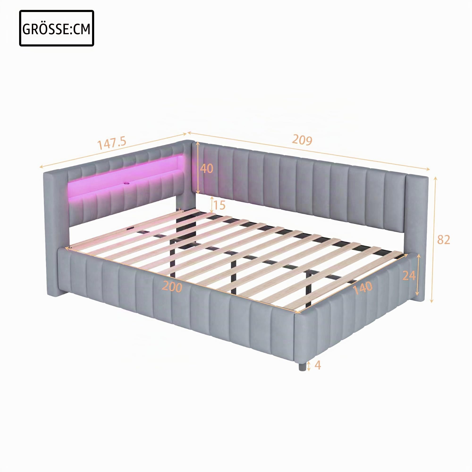 Kayan Polsterbett 140x200 mit LED und USB-Anschluss, Daybett Tagesbett Schlafsofa mit Lattenrost aus Holz, Sofabett Gästebett Jugendbett aus Samtstoff, Ohne Matratze (Grau)