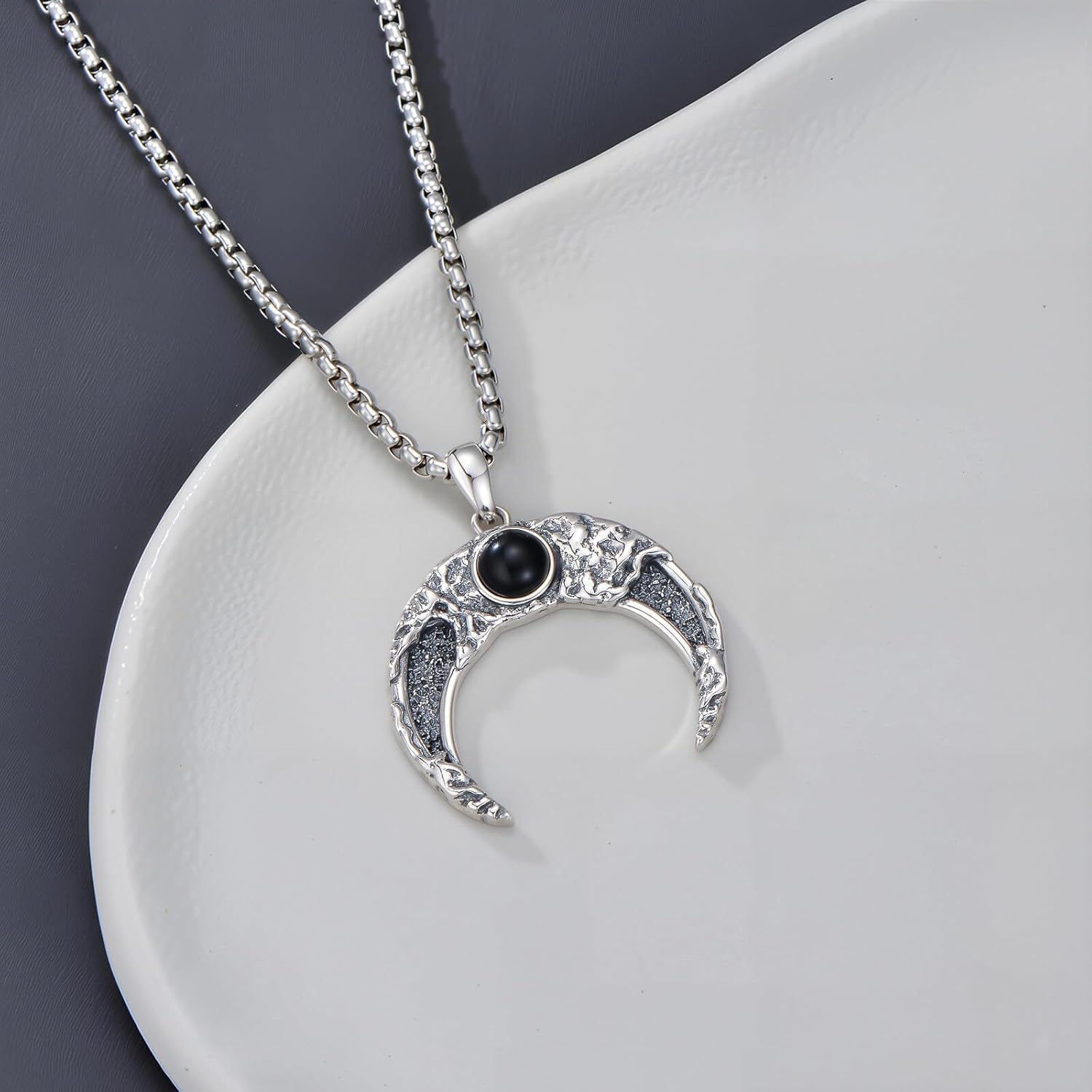 Moon Necklace 925 Sterling Silver Black Obsidian Crescent Moon Pendant Jewelry for Men, w/Stainless Steel Chain 22''+2'' - Image 6