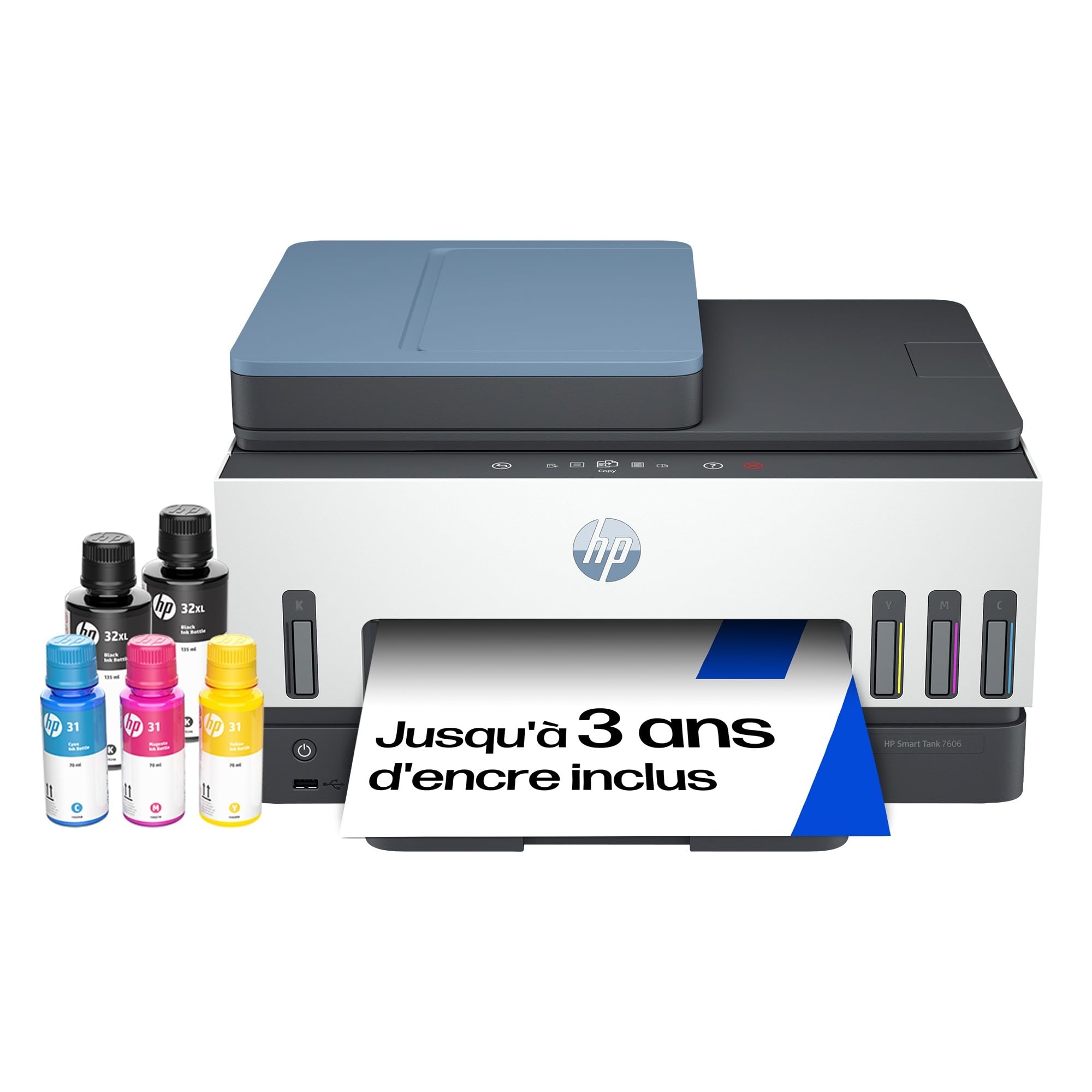HP Smart Tank 7606, 28C03A, Imprimante Multifonction A4 avec réservoir d’Encre Rechargeable, Impression Couleur, Scanner, Photocopieur, Fax, Wi-FI, Application Smart, Blanche et Bleue