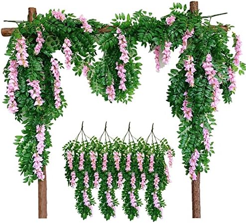Pack of 4 - Artificial Wisteria Hanging Flower Vines with Rich Foliage Realistic Wall Basket Hanging Floral Blossom Faux Greenery Plant for Home Decor (Pink)