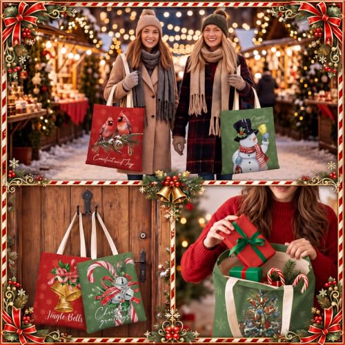 Image of Paterr 12 Pcs Christmas Canvas Tote Bags Bulk Reusable Red and Green Christmas Gift Bag with Handles Vintage Xmas Tree Santa Claus Cardinal Canvas Handbags for Women Xmas Gifts Farmhouse Party Decor