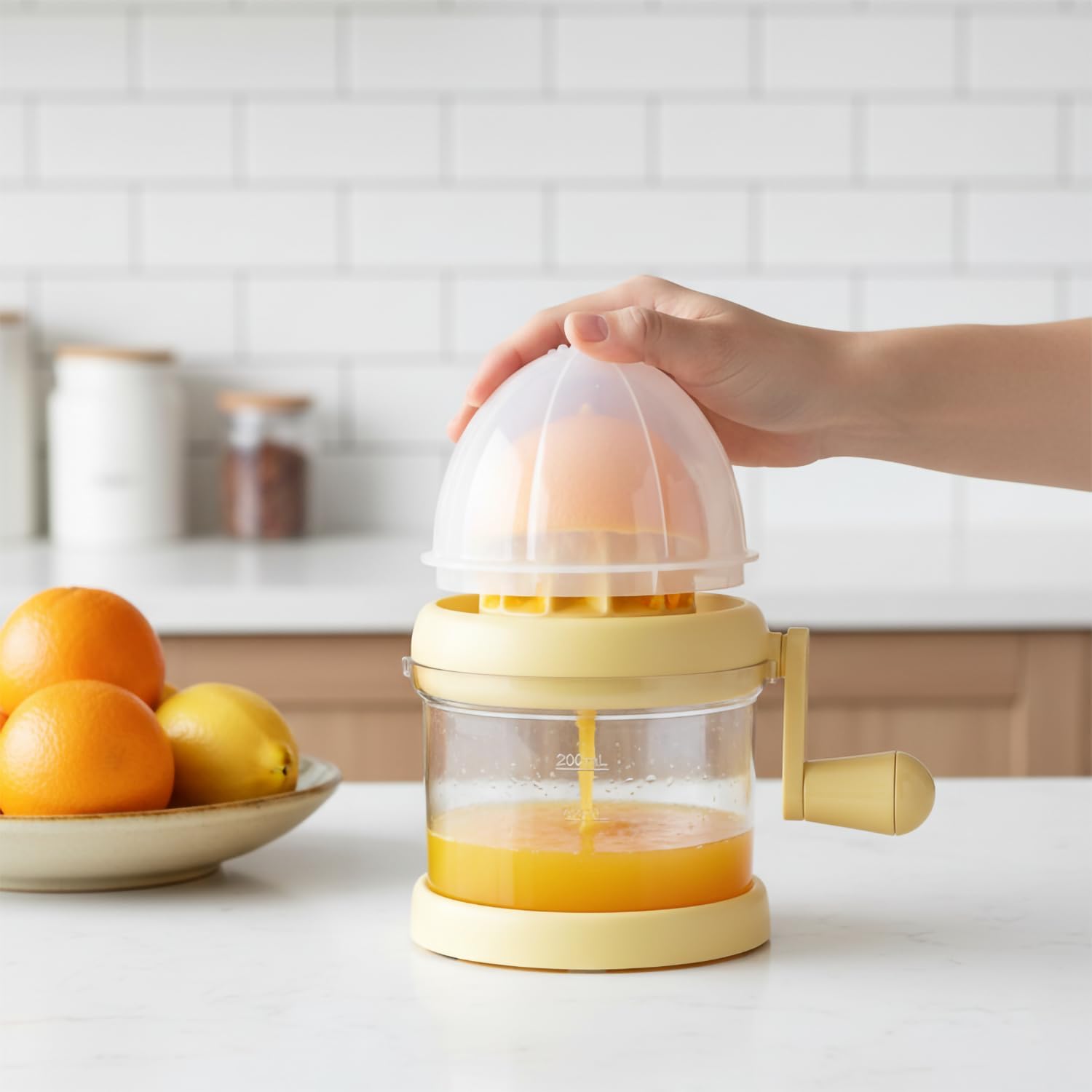 Manual Hand Crank Juicer - Portable Citrus Juicer for Oranges, Lemons & More - Hand Operated Fruit Juice Press for Home & Outdoor Use (Yellow) image 2