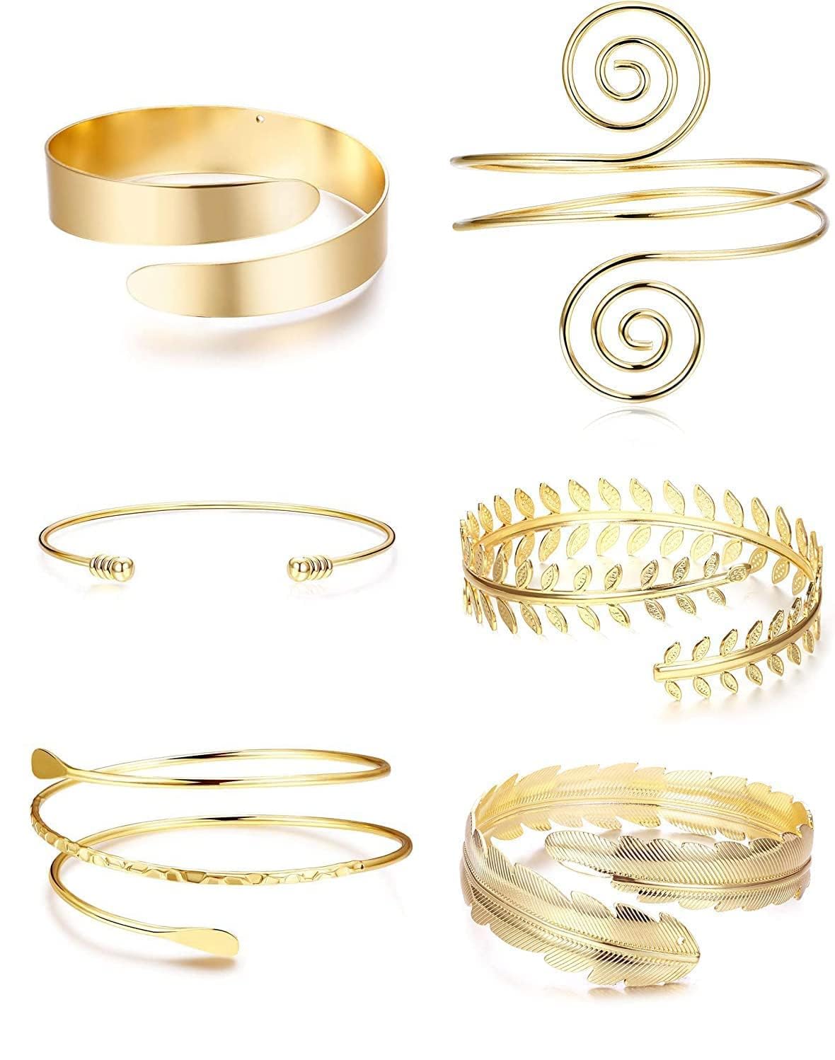 6 Piece Adjustable Upper Arm Cuff Bracelet Set for Women, Gold Tone Armband for Ladies, Boho Style Armlet Jewelry Gift
