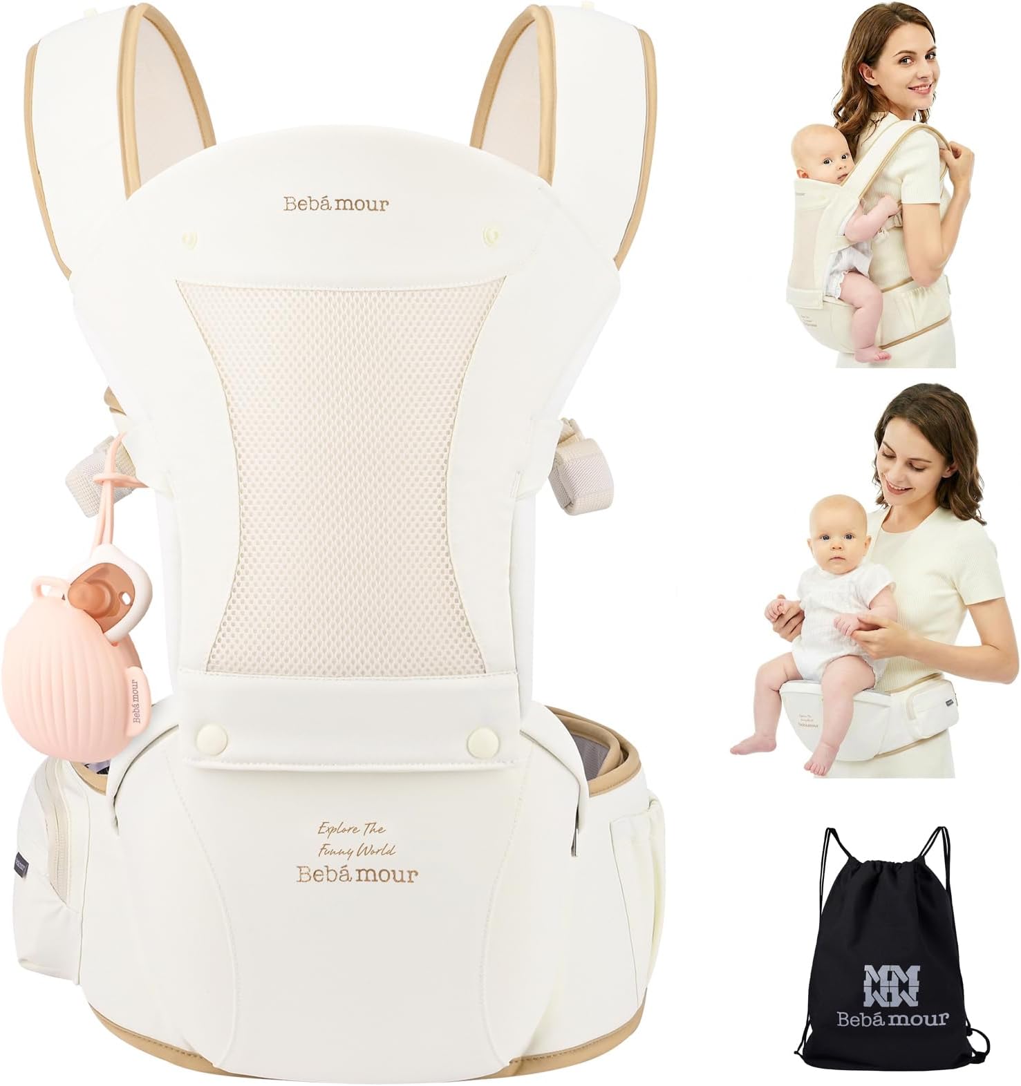 Bebamour Baby Carrier for Newborns to Toddlers, Hip Seat, 0-36 Months, Head Hood, 3 Teething Pads, Waist Extension, Beige