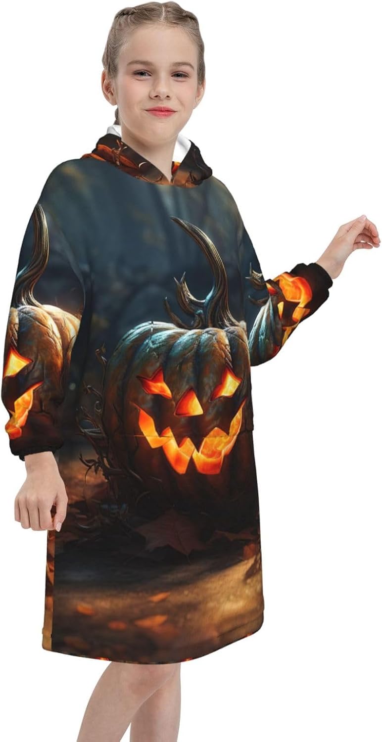 Fall Pumpkin Print Oversized Blanket Hoodie, Wearable Blanket Hooded,Hooded Pullover With Pocket