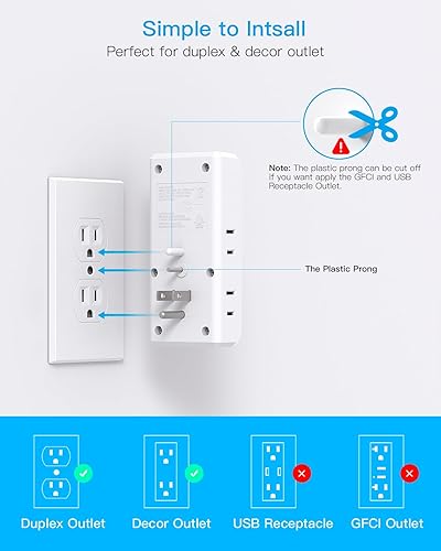Miniatura 5 de Extensor de toma de corriente múltiple, 6 divisores de toma de corriente eléctrica con 3 puertos USB (2 USB C), tira de alimentación múltiple
