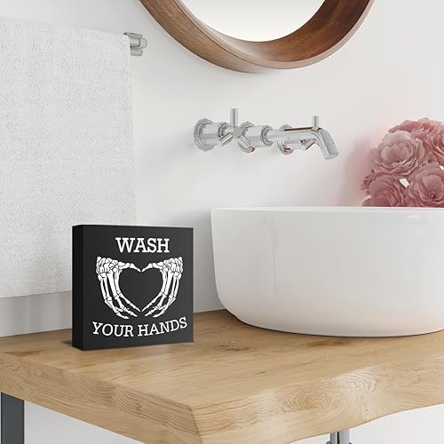 Miniatura 5 de Letrero gótico para baño, decoración de bloque de madera negra con texto en inglés Wash Your Hands para decoración de baño