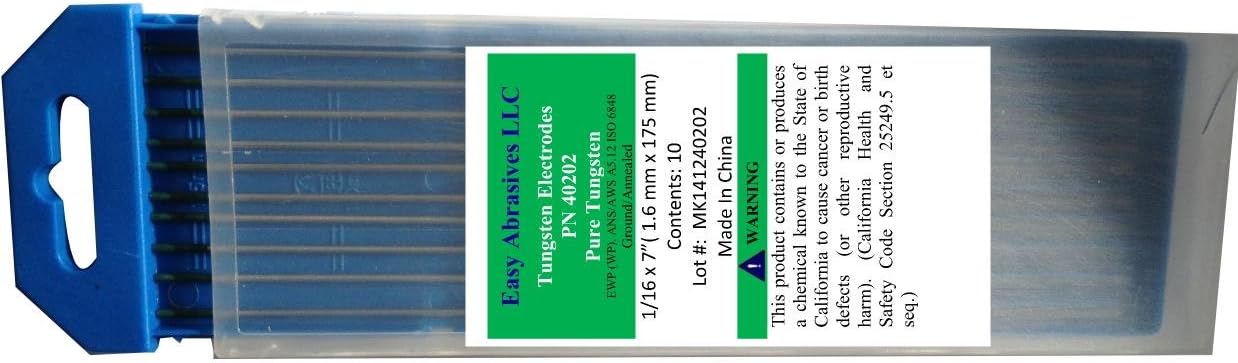 Easy Abrasives 40202 Pure Tungsten Electrode (EWP), 1/16" x 7", Green (Pack of 10)