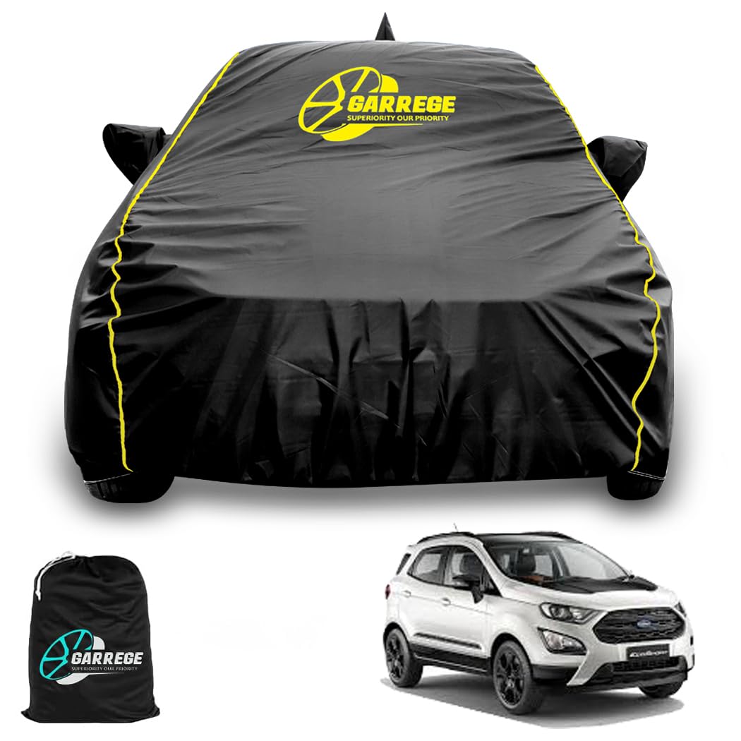 GARREGE Waterproof Car Body Cover Compatible with Ford Ecosport Car with Mirror & Anteena Packets Dust Proof & Belt with Elastic Black Colour & Yellow Piping Style