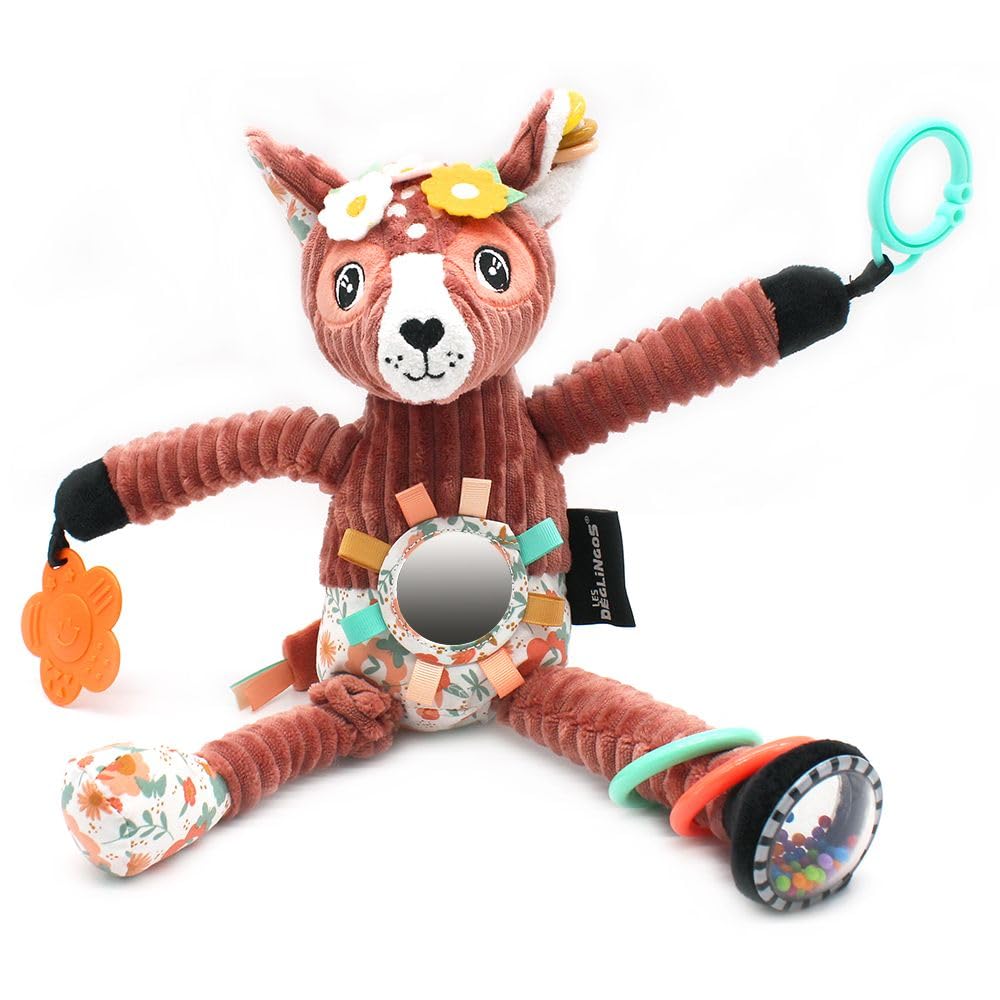 LES DEGLINGOS - Peluche d'activité Nomade Melimelos la biche - Terracotta - Jouet d'éveil pour bébé - Idée cadeau - Dès la naissance - 36 cm
