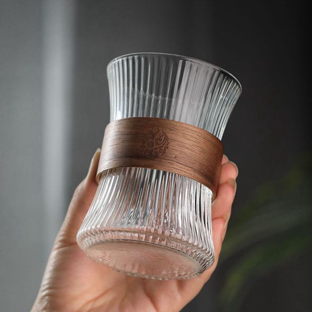 2 Set Glass Coffee Cup Espresso CupT ea Cup With Heat Insulation Wood Chips 9 OZ (2X-260)