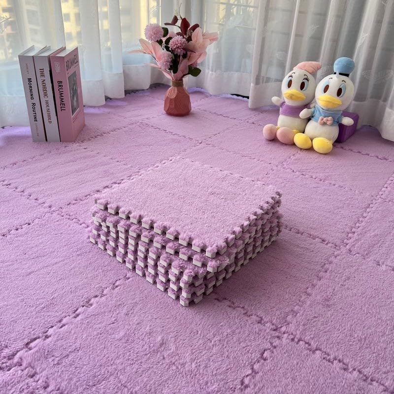 HEIBTENY 10 Pack Splicing Plush Foam Floor Mats, for Easy to Interlocking Carpet Tiles for Any Space, Soft Flannel and Foam Flooring with for Edge Binding, 30x30cm(Light Purple)