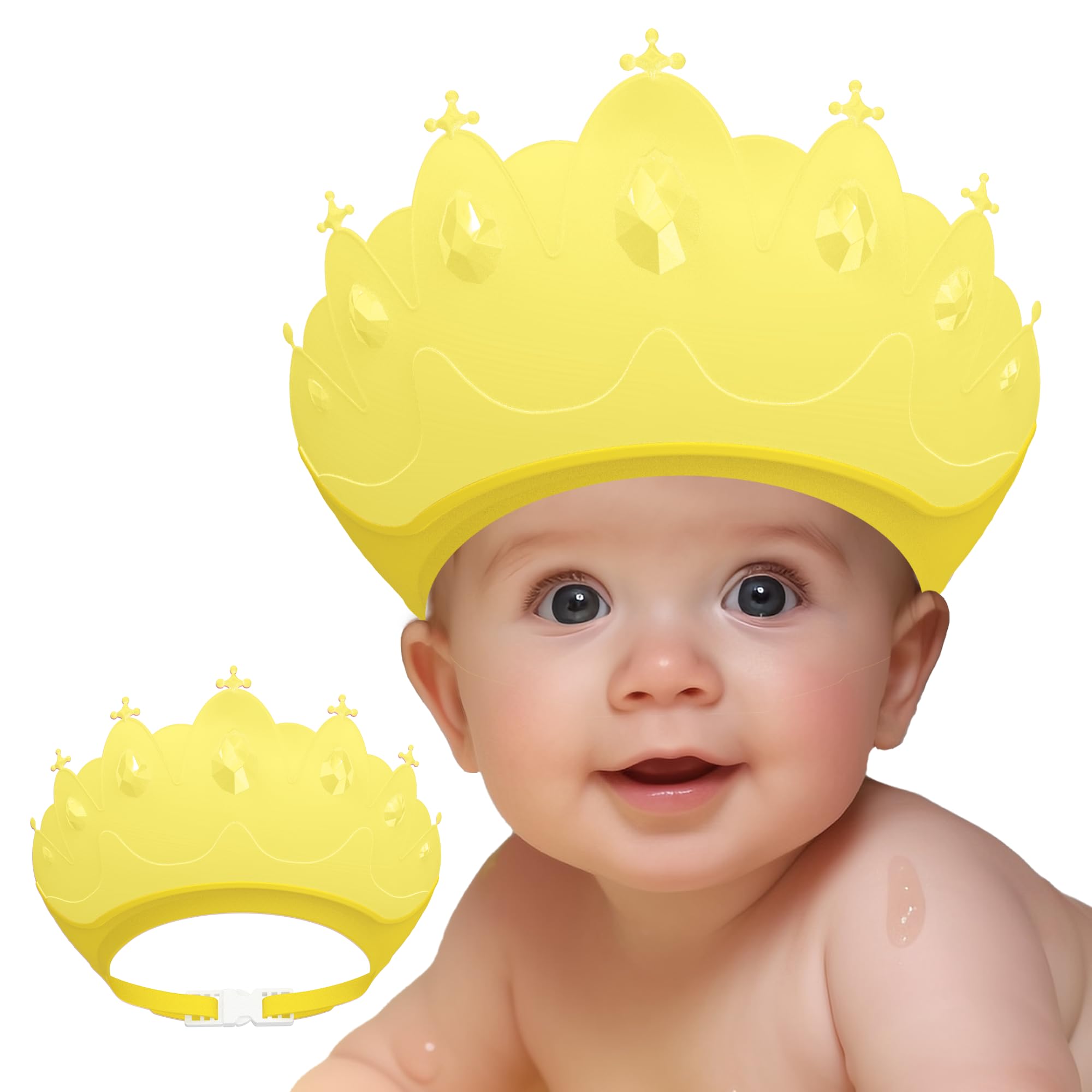 Gorro de ducha para bebé, protector de ojos y oídos, para niños de 0 a 9 años, con forma de corona, ideal para hacer el baño del bebé más divertido, color amarillo