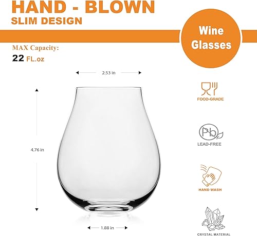 Miniatura 6 de LUXU Copas de vino (22 onzas líquidas) sin tallo, juego de 2 copas de vino rojo y blanco de cristal de lujo, sopladas a mano, copa de diseño del