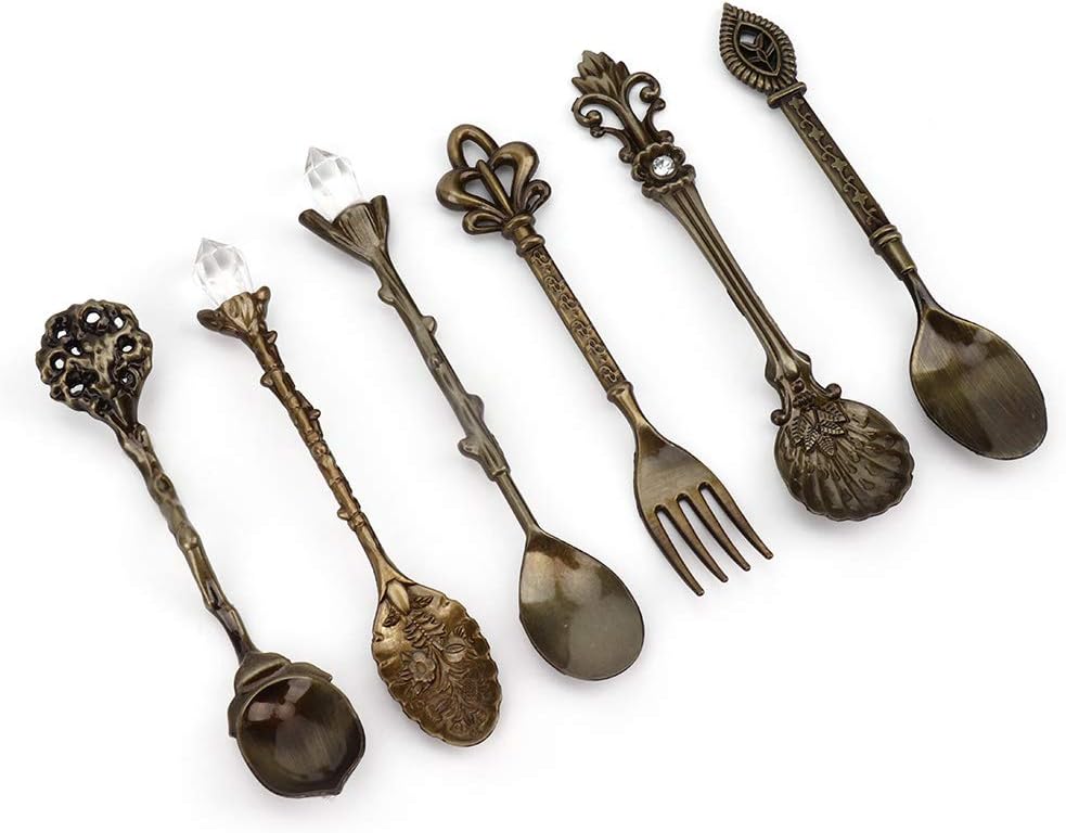Fdit 6Pcs/Set Vintage Carved Coffee Spoon Teaspoon Retro Zinc Alloy Dessert Coffee Tableware Spoons Cutlery Kitchen(Green Bronze)