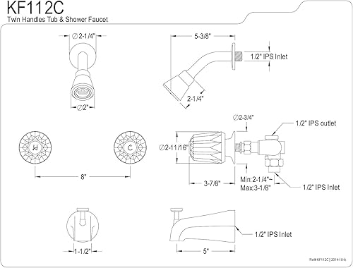 Miniatura 10 de Kingston Brass KF112 Americana - Válvula central para bañera y ducha de 8.0 in, con mango doble, cromo pulido