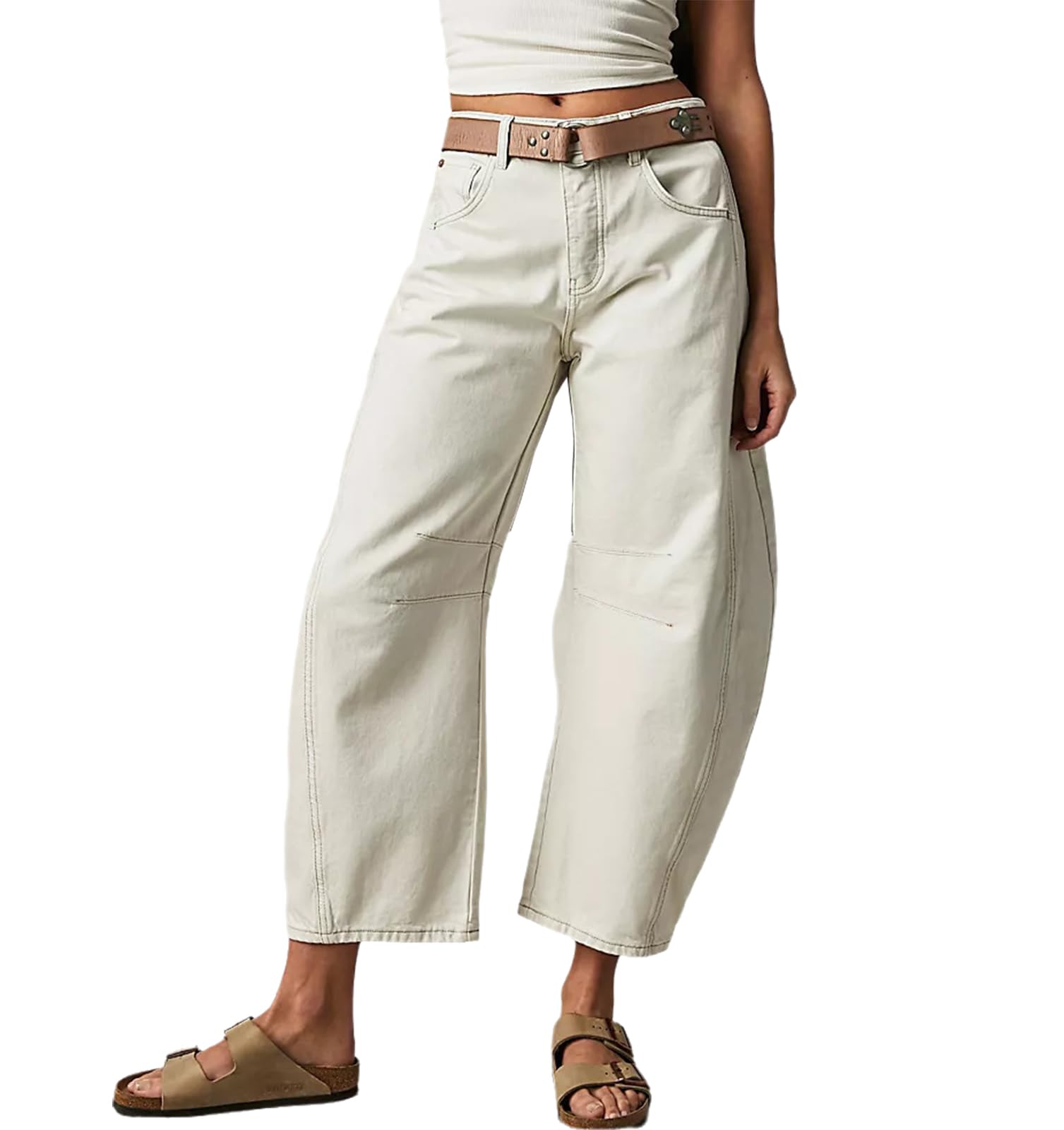 TACSTRUN Women's Baggy Vintage Low Rise Barrel Jeans Work Casual Distressed Washed Wide Leg Ankle Denim Pants,White,S