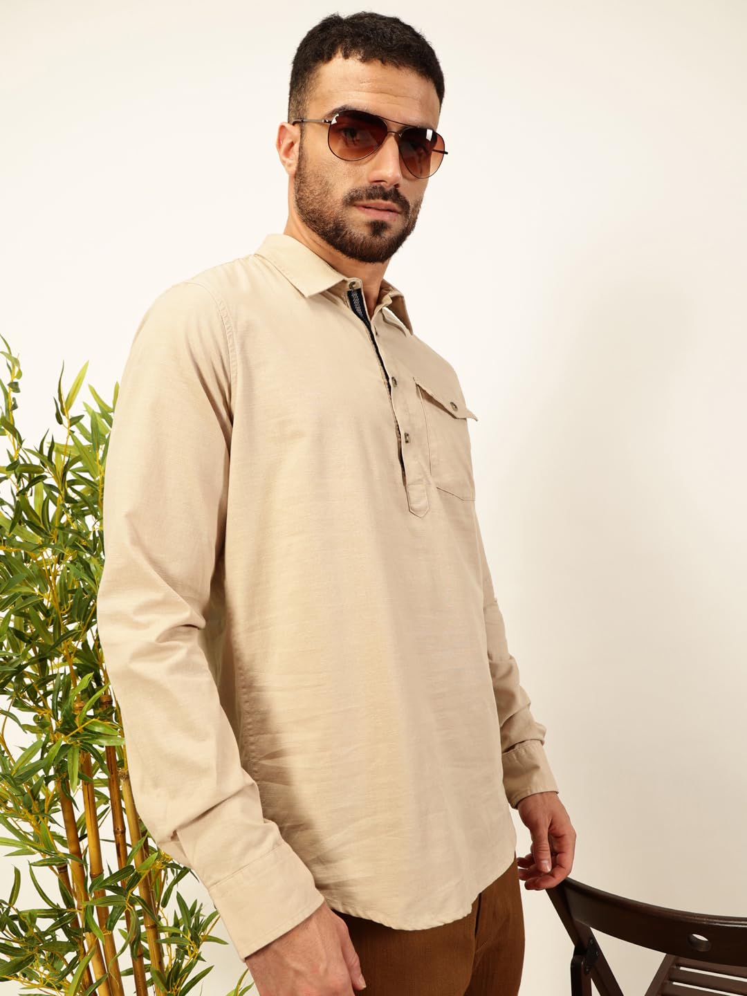 Thomas Scott Men Solid Cotton Linen Kurta Shirt (Ts1531_Beige, Xl)