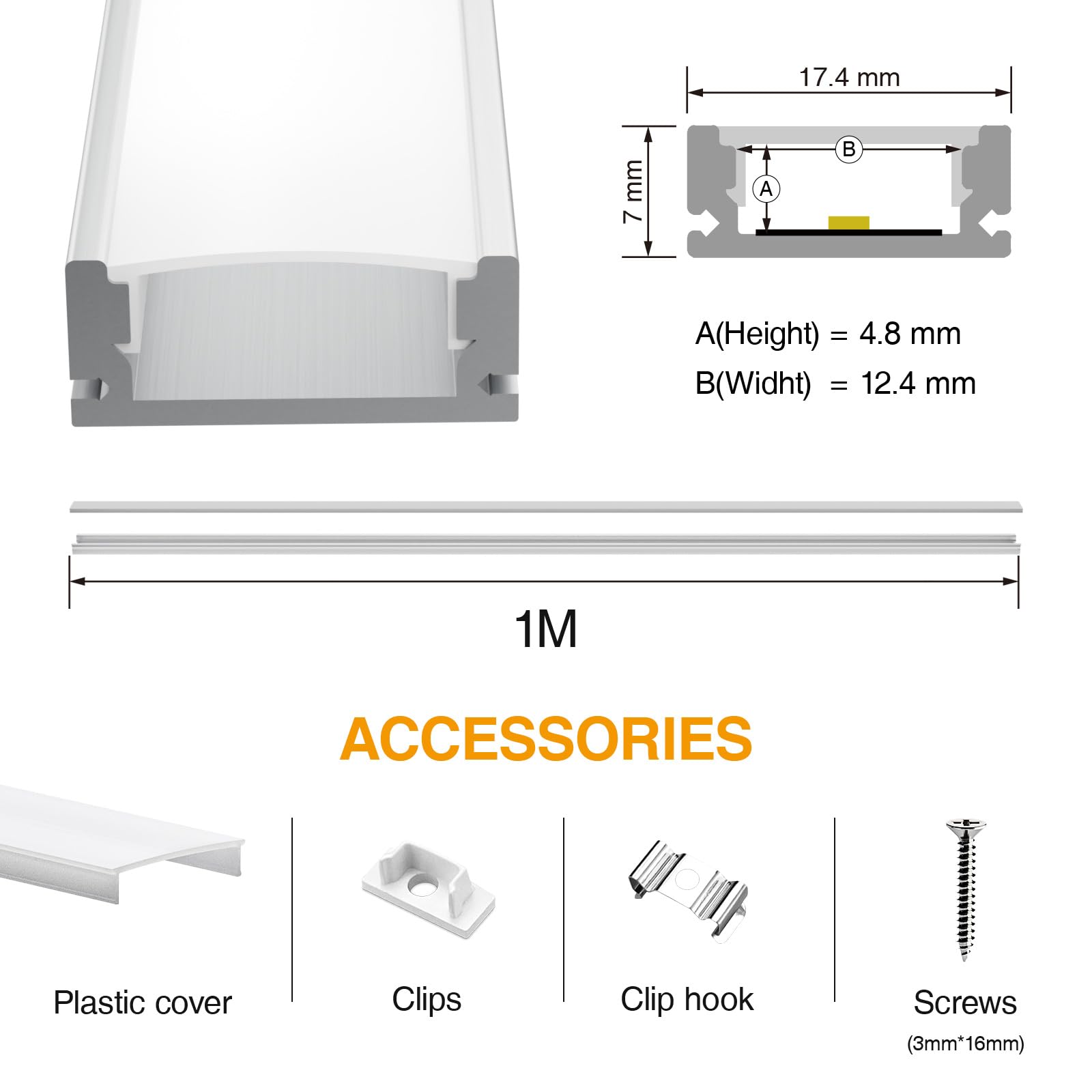 10 × LED Schiene 2m U-Form Aluprofil mit weißer Abdeckung,Endkappen & Montageclips Alu Leiste für Lichtstreifen bis 12mm Led Schiene Kanäle Leiste Diffusor unterputzprofil