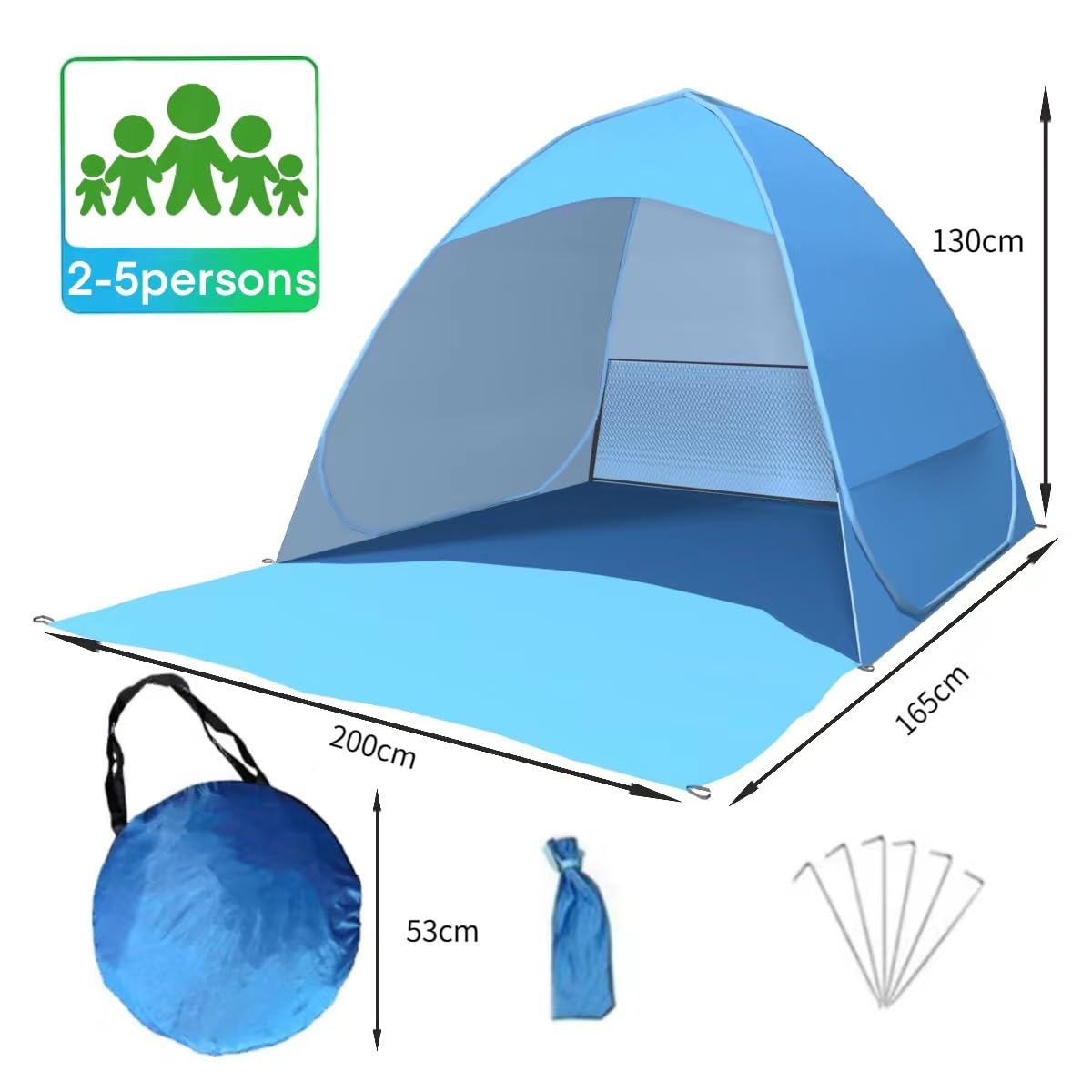 Tienda de campaña desplegable para 3 – 5 Personas, Tienda de campaña de Playa, tamaño Grande, Apertura rápida, protección Solar UV, 200 x 165 x 130 cm (Grande)