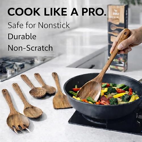 Miniatura 4 de Juego de utensilios de cocina de madera de teca de 6 piezas, cucharas y espátulas para utensilios de cocina antiadherentes, resistentes al calor,