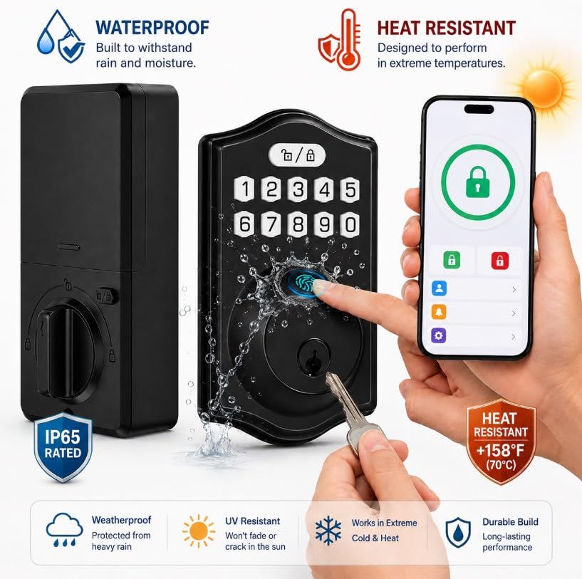Smart Fingerprint Door Lock – Serratura Bluetooth Keyless Entry con controllo app, codice PIN e chiave di backup, nero esterno/finitura interna nera
