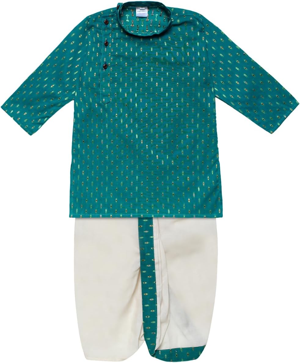 Boy's Cotton Kurta with Dhoti - Golden Thread Work, Side Button Kurta Set for Ethnic Wear