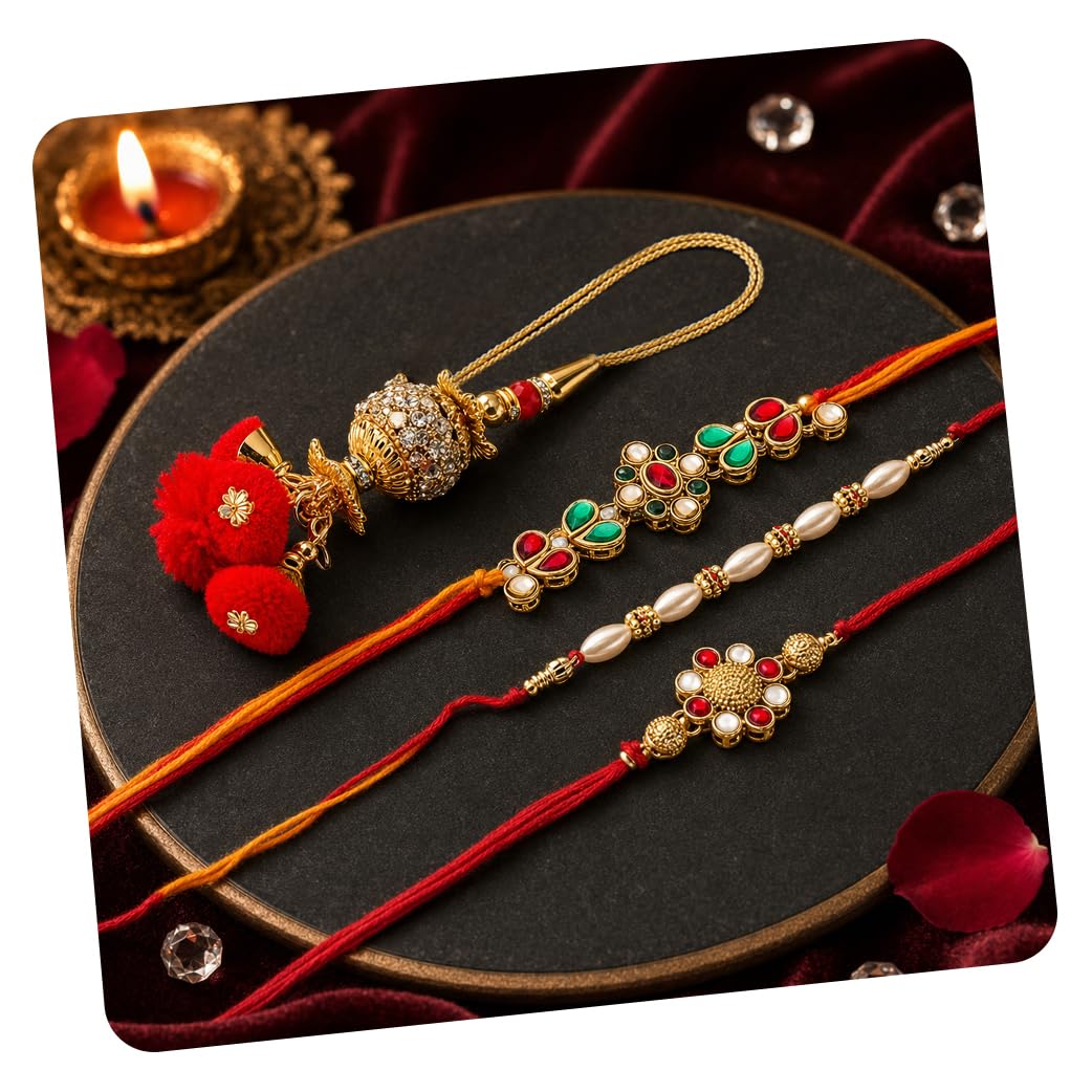 craftvatika Combo of 4 Rakhi for Brother Bhabhi Kids- Kundan Rakhi for Bhai Lumba for Bhabhi - rakhi Set for Bhaiya Kids-picture-17