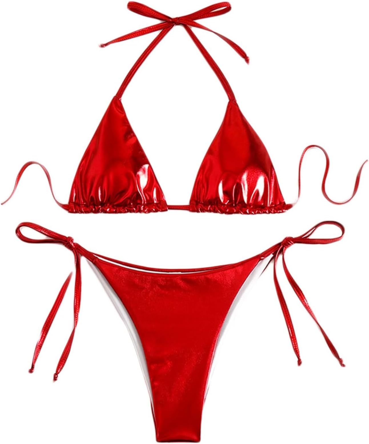 Women's Metallic Shiny Bathing Suit High Waisted Triangle Tie Side Swimsuit Bikini Set