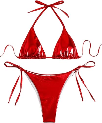Traje de baño metálico brillante para mujer, traje de baño de cintura alta, triángulo, lazo lateral, conjunto de bikini