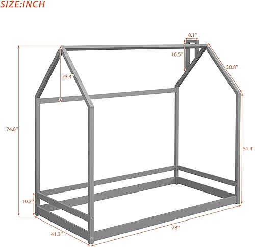 Miniatura 11 de Montessori - Cama tamaño individual para niños, cama de casa para niños pequeños con techo, base de cama de madera para suelo, mueble de dormitorio