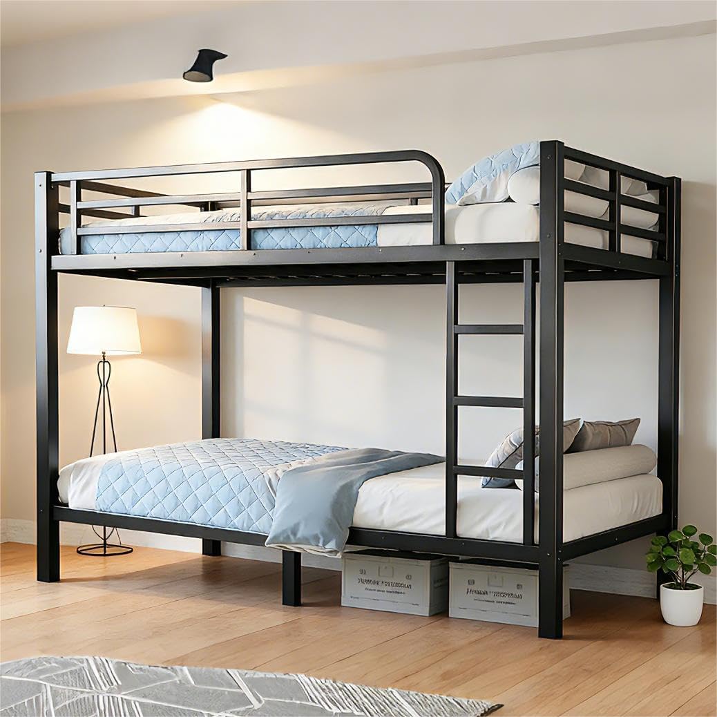 Bellemave Metal Bunk Beds Twin Over Full Size with High Guardrail & Under-Bed Storage, Twin Over Full Bunk Bed Frame with 2 Side Ladders, Heavy Duty Bunk Bed for Bedroom, No Box Spring Needed, White