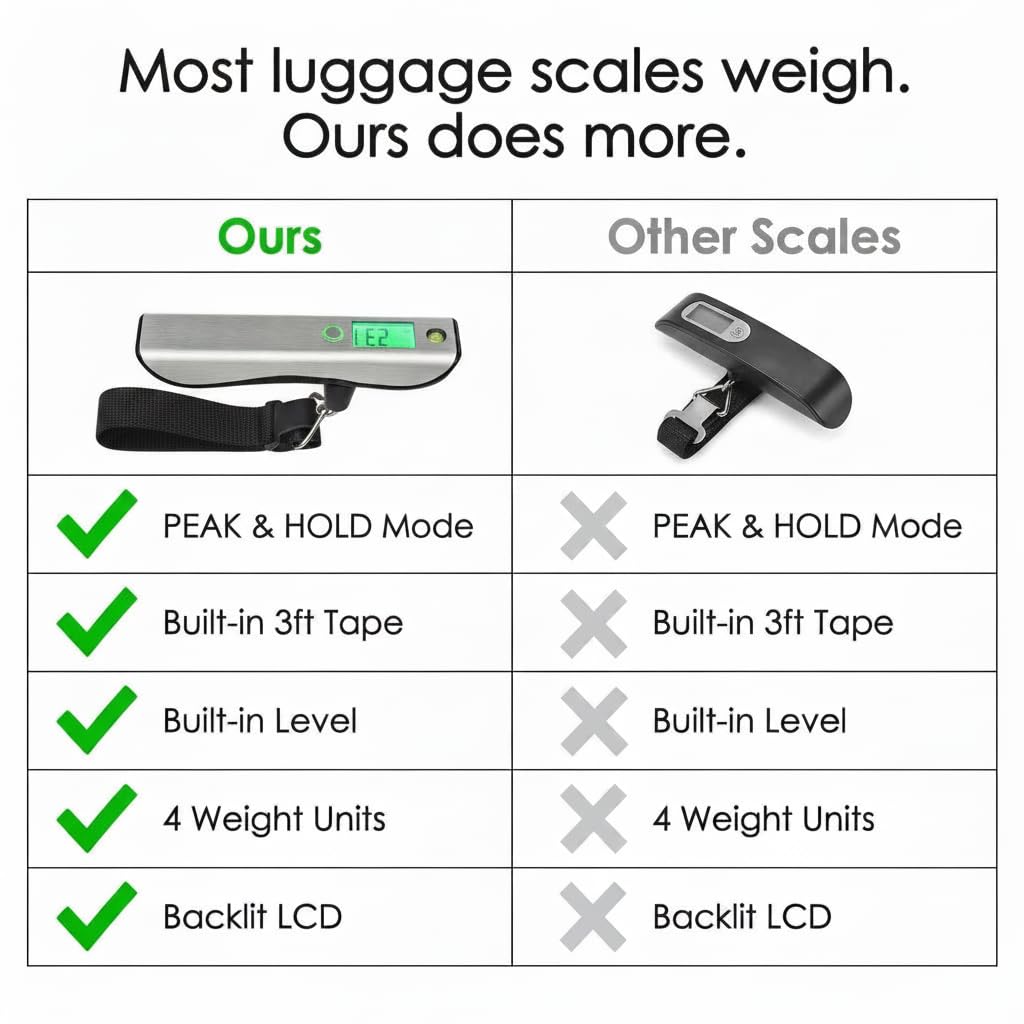 Báscula digital de equipaje de 110 libras/50 kg con cinta métrica de 3 pies, 4 unidades, modo pico y sujeción, nivel de burbuja, báscula de peso portátil para equipaje de mano para artículos