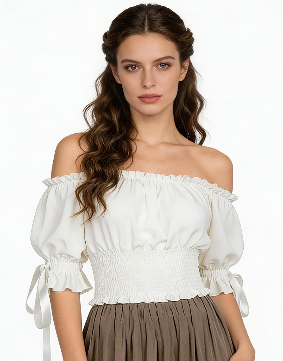 Renaissance Blouse Medieval Peasant Top for Ren Faire | Women's Cropped Off Shoulder Shirt, Smocked Waist, Halloween, Cottage Pirate Elf Fairy Victorian Cosplay, LARP, Fantasy Party