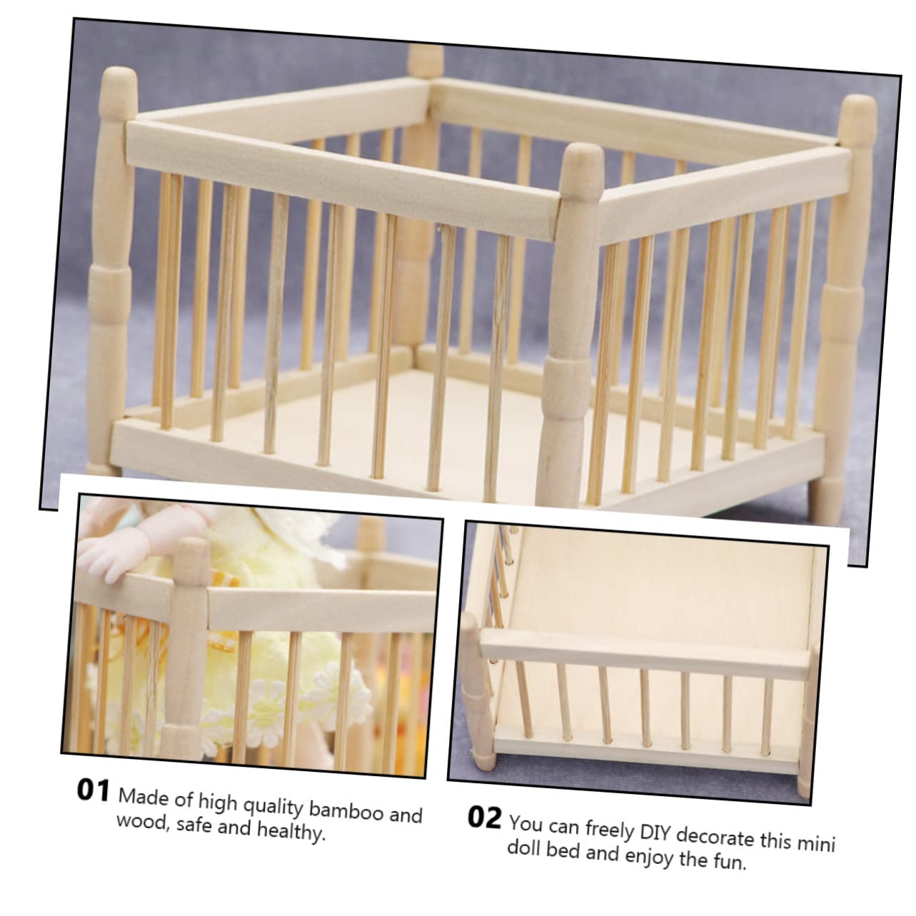 KESYOO Realistic Miniature Baby Bed for Dollhouse 1:12 Scale Mini Bed Accessory Safe Bamboo Wood Construction