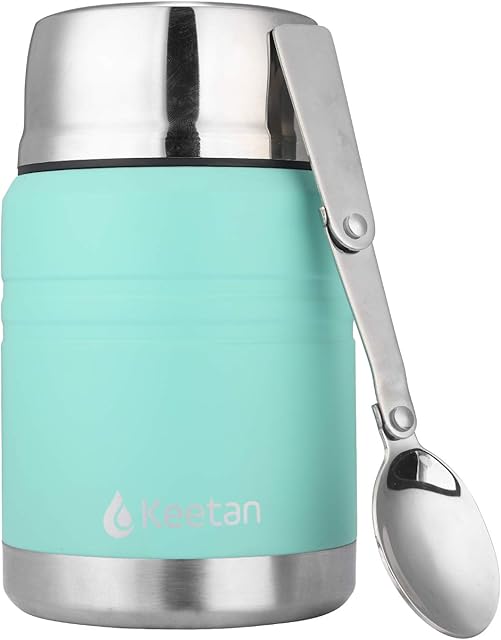 Keetan Vacuum Insulated Food Flasks BPA Free Stainless Steel Food Containers with Folding Spoon Lunch Box (Green, 500 ml)